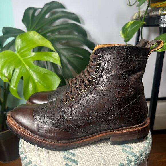 VTG Stacy Adams Tooled Leather Brogue Boots Men 7D Wmn 8.5 Paisley Floral 90s - Picture 2 of 15
